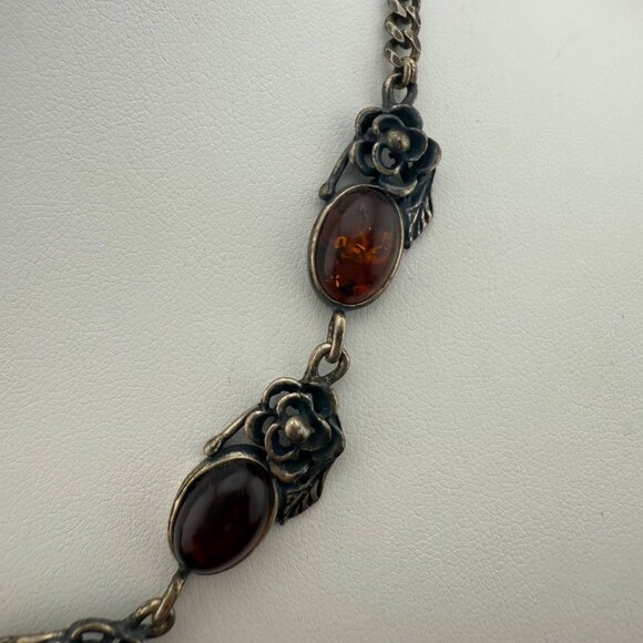Vintage Sterling Silver Italian Amber Statement Necklace Floral Detail 925 Italy - Picture 3 of 10